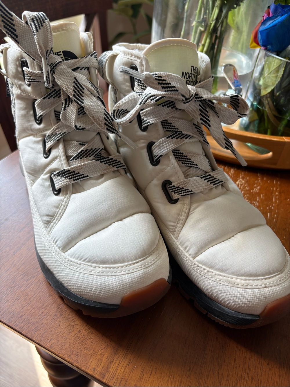 The North Face Cream-White Quilted High-Top Sneakers with Black Accents